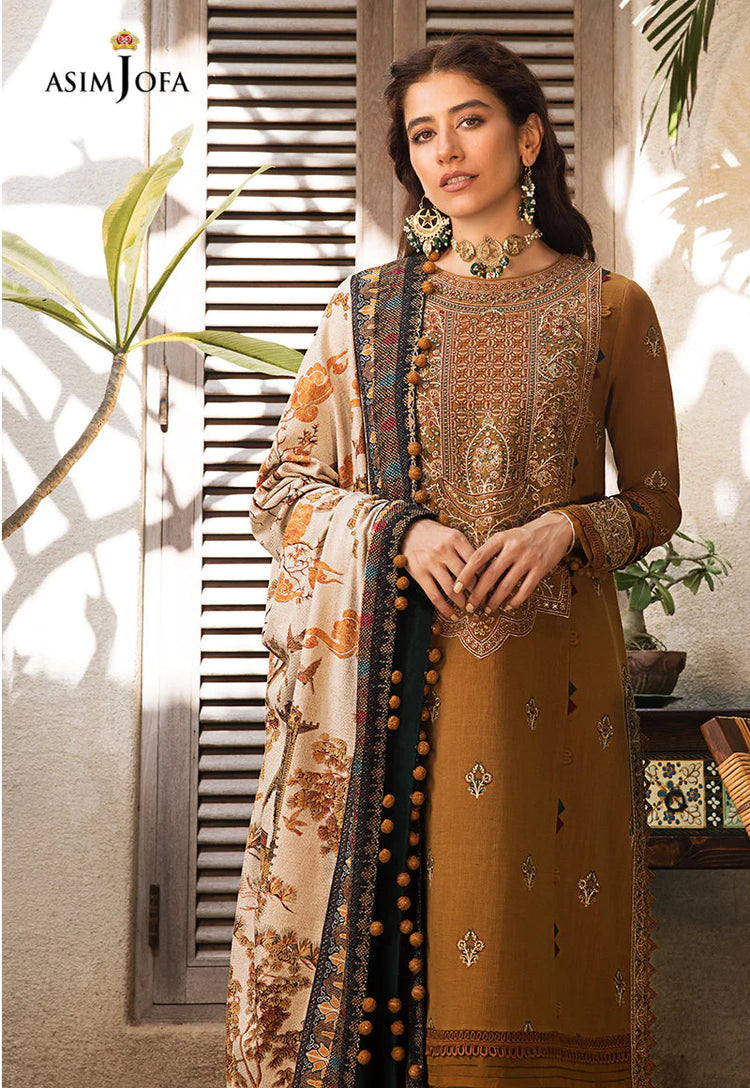 ASIM JOFA-3PC DHANAK EMBROIDERED SHIRT WITH COURTRAI PRINTED SHAWL & TROUSR-WM-4135