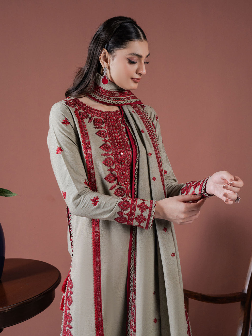 ASIM JOFA-3PC DHANAK EMBROIDERED SHIRT WITH DHANAK EMBROIDERED SHAWL AND EMB TROUSER-WM-4001