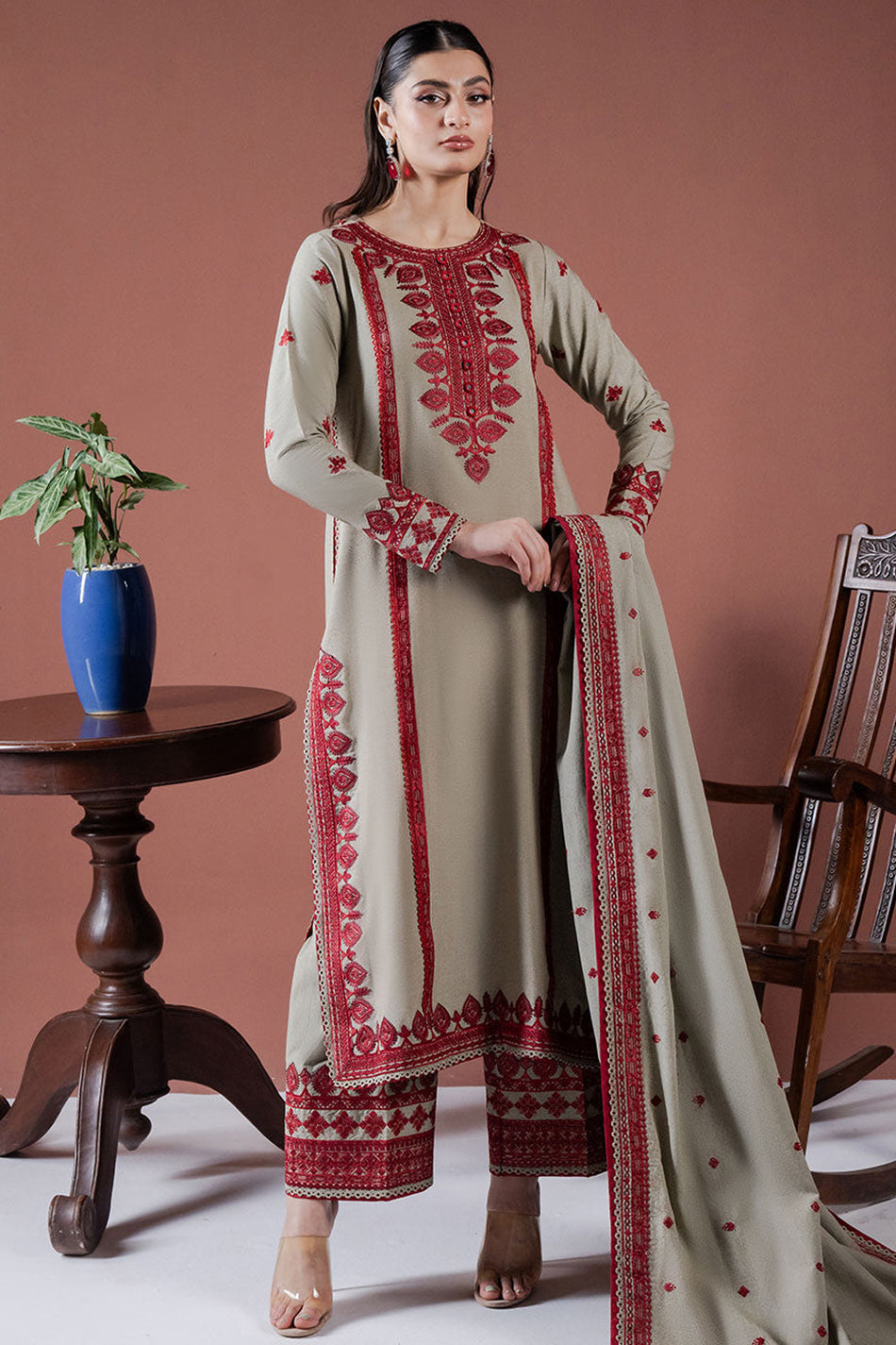 ASIM JOFA-3PC DHANAK EMBROIDERED SHIRT WITH DHANAK EMBROIDERED SHAWL AND EMB TROUSER-WM-4001
