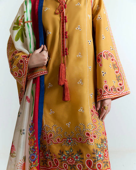 HUSSAIN REHAR - 3PC DHANAK HEAVY EMBROIDERED SHIRT WITH COURTRAI PRINTED SHAWL AND EMB TROUSER-WM-4212