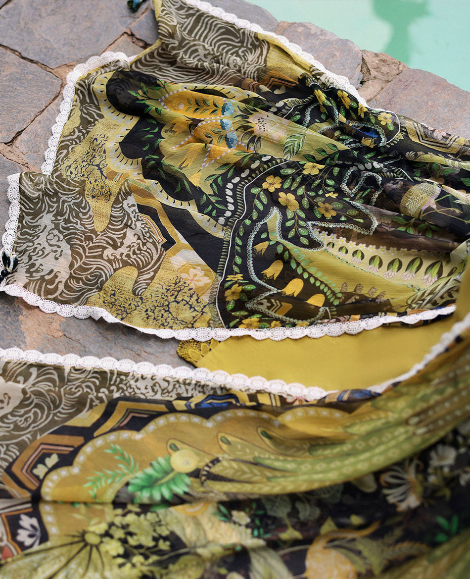 REPUBLIC WOMENSWEAR-3PC DHANAK EMBROIDERED SHIRT WITH COURTRAI PRINTED SHAWL & DHANAK TOUSER-WM-4240