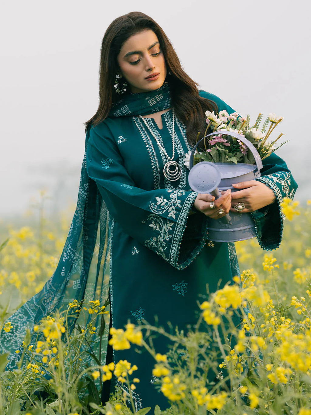 IZEL-3PC DHANAK EMBROIDERED SHIRT WITH COURTRAI PRINTED SHAWL AND TROUSER-BIC-4107