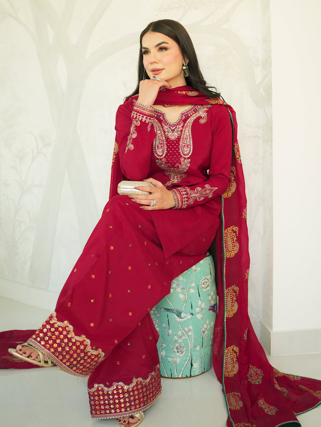 NOOR -E -KHAS Unstitched Dhanak 3PC With Printed Shawl & EMBROIDERED TROUSER