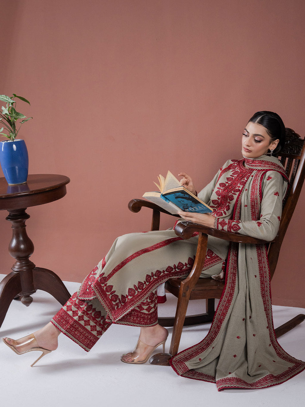 ASIM JOFA-3PC DHANAK EMBROIDERED SHIRT WITH DHANAK EMBROIDERED SHAWL AND EMB TROUSER-WM-4001