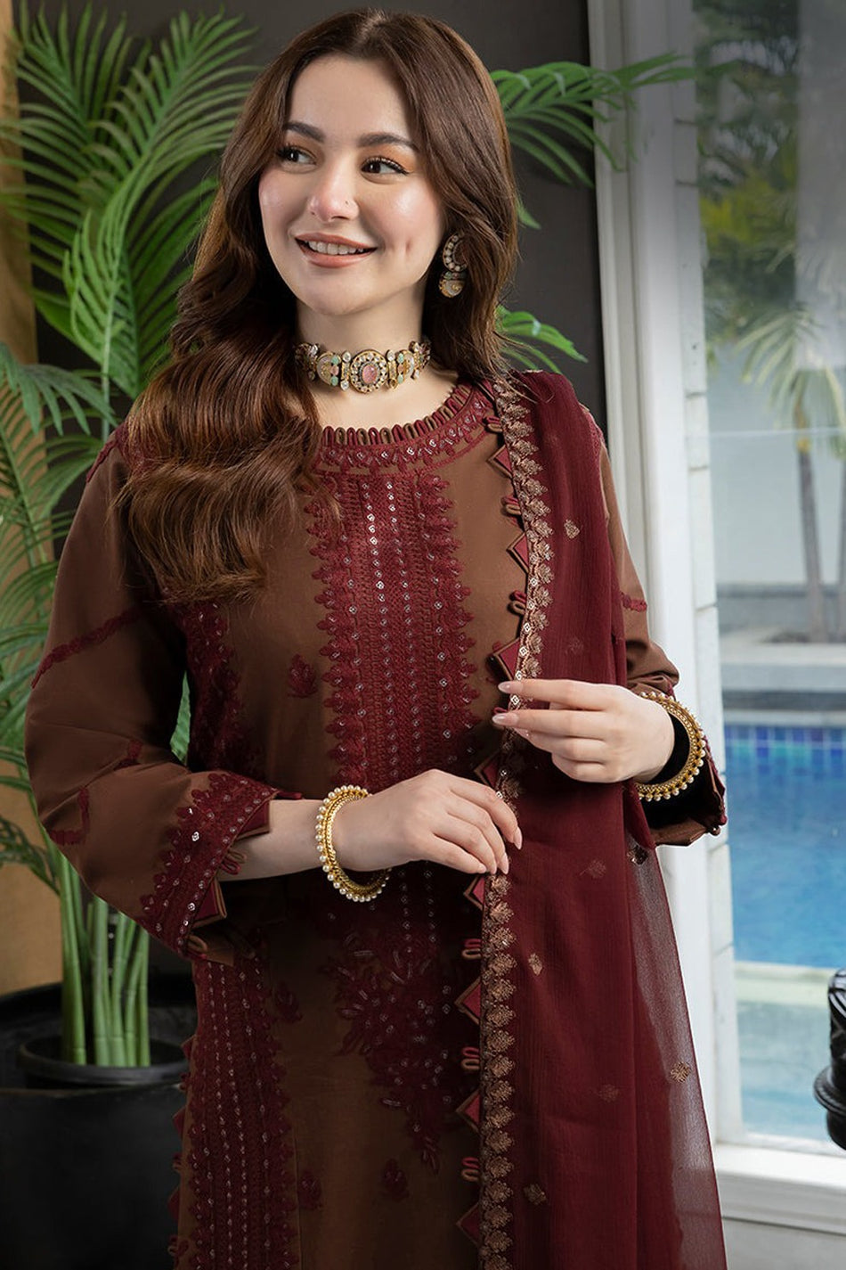 ASIM JOFA-3PC DHANAK EMBROIDERED SHIRT WITH DHANAK EMBROIDERED DUPATTA AND TROUSER-WM-3647