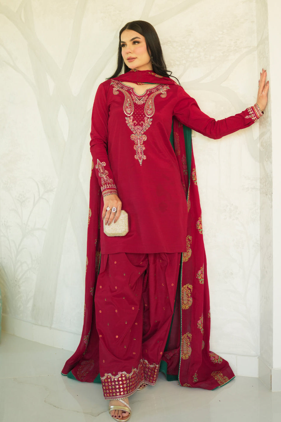NOOR -E -KHAS Unstitched Dhanak 3PC With Printed Shawl & EMBROIDERED TROUSER