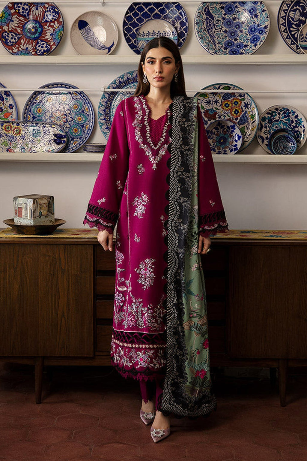 REPUBLIC-3PC DHANAK SEQUENCE EMBROIDERED SHIRT WITH COURTRAI PRINTED SHAWL & DHANAK TOUSER-WM-4209