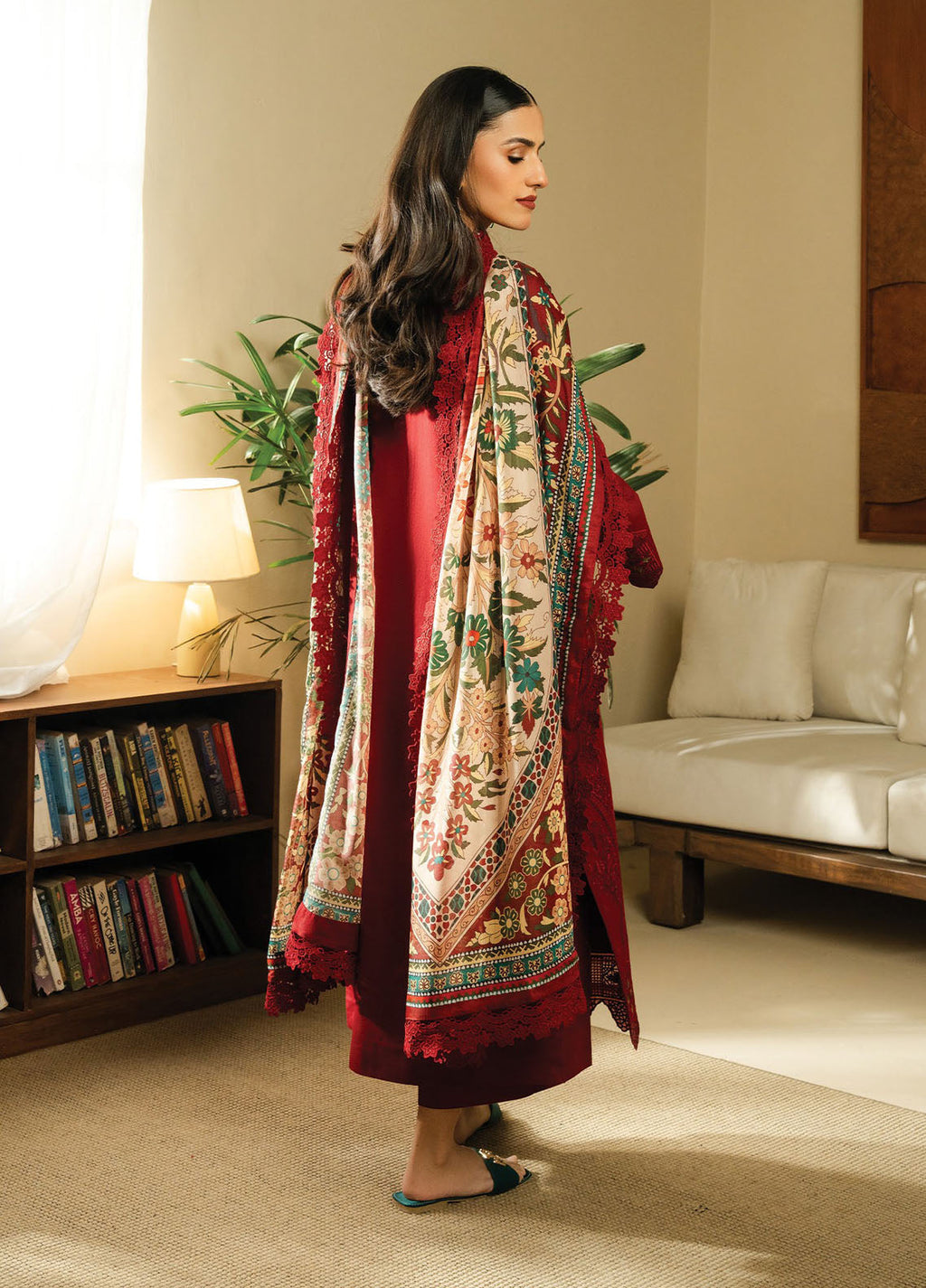 BATIK-3PC DHANAK EMBROIDERED SHIRT WITH COUTRAI WOOL PRINTED SHAWL AND TROUSER-BIC-4138