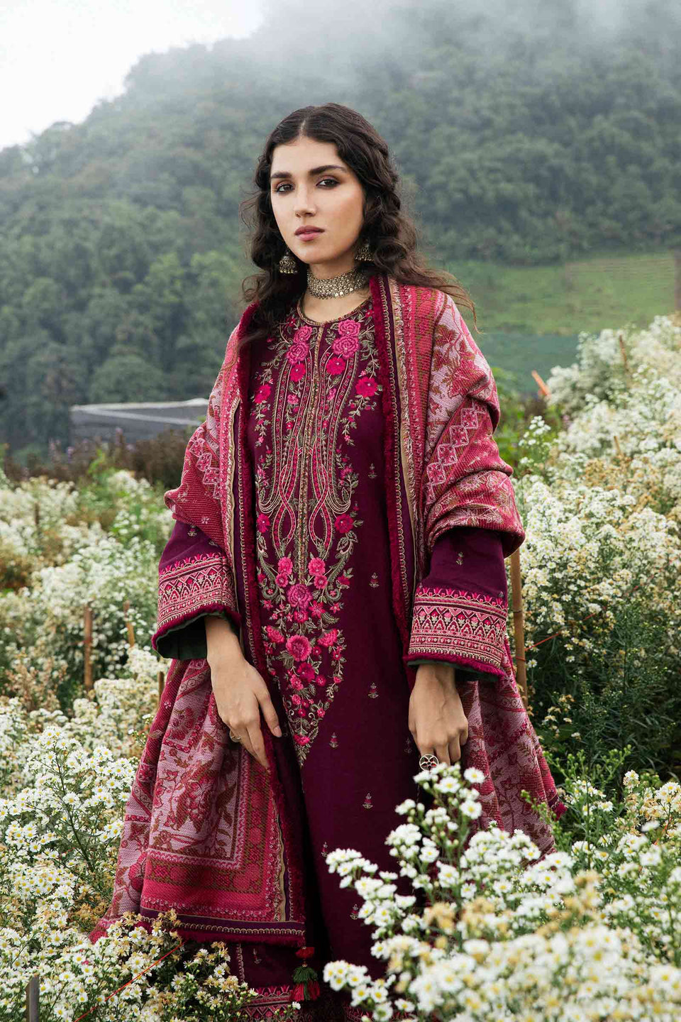 ZARA SHAH JAHAN - 3PC DHANAK EMBROIDERED SHIRT WITH PRINTED SHAWL AND TROUSER