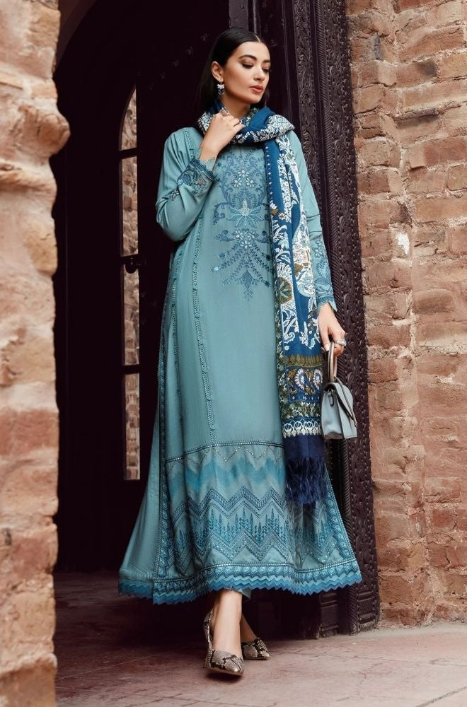 Maria B - 3PC Unstitched Dhanak Embroidered Shirt with Printed Pashmina Wool Shawl and Trouser