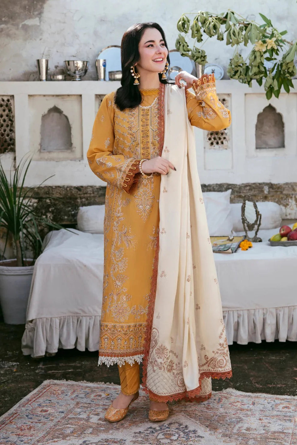 FLORENT-3PC DHANAK EMBROIDERED SHIRT WITH DHANAK EMBROIDERED SHAWL AND TROUSER WM-4150