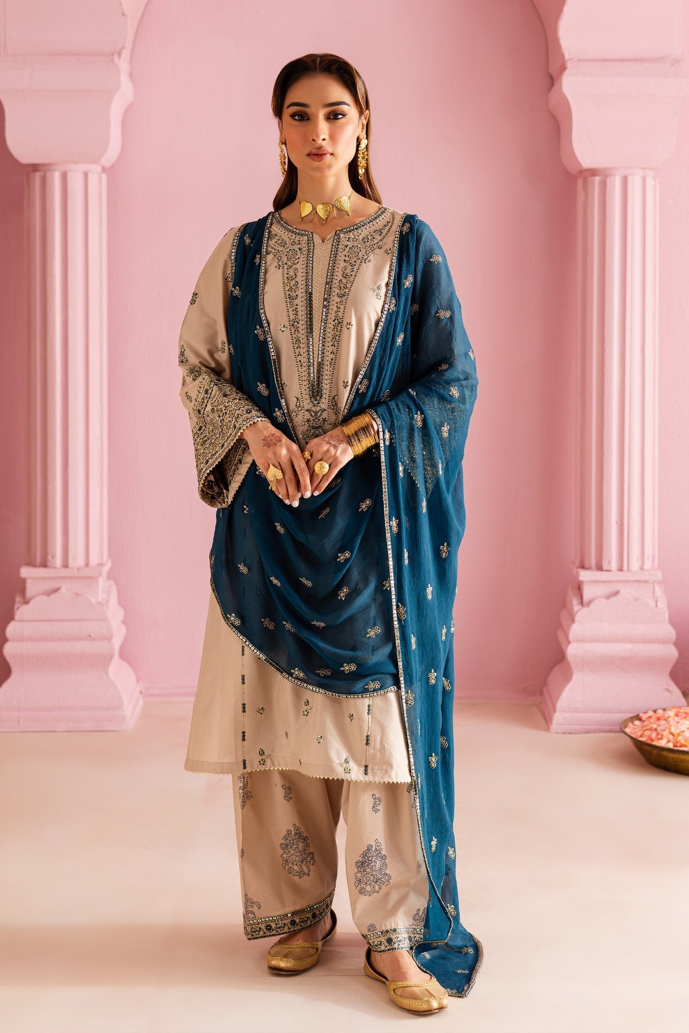 BATIK-3PC DHANAK EMBROIDERED SHIRT WITH DHANAK EMBROIDERED SHAWL & EMB TROUSER-BIC-4162