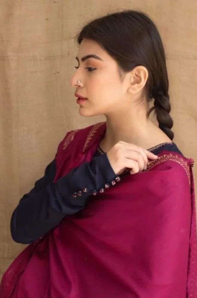 Zarpash - 3PC Unstitched Dhanak Neckline Embroidered Shirt with Printed Wool Shawl and Trouser