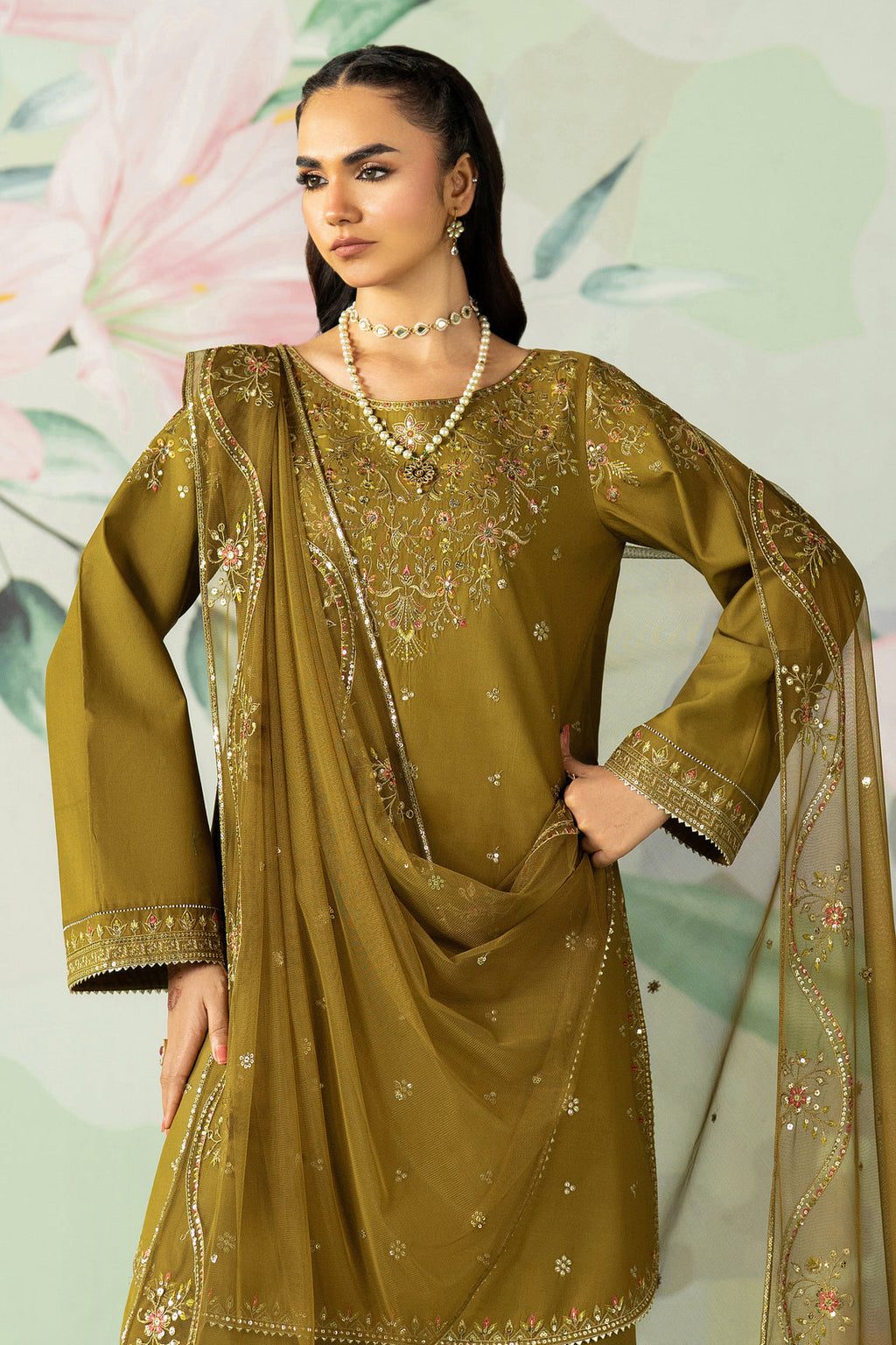 ETHNC-3PC DHANAK SEQUIN EMBROIDERED SHIRT WITH COTTON NET EMBROIDERED DUPATTA AND TROUSER-WM-4194