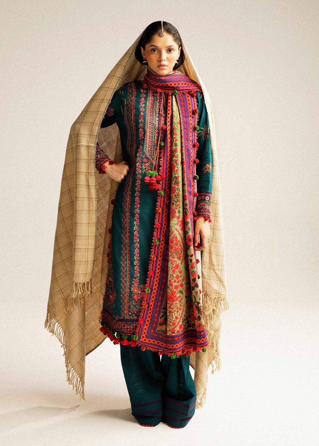 HUSSAIN REHAR LUXURY UNSTITCHED DHANAK EMBROIDERED 3PC WITH DHANAK MARINA READY TO WEAR SHAWL