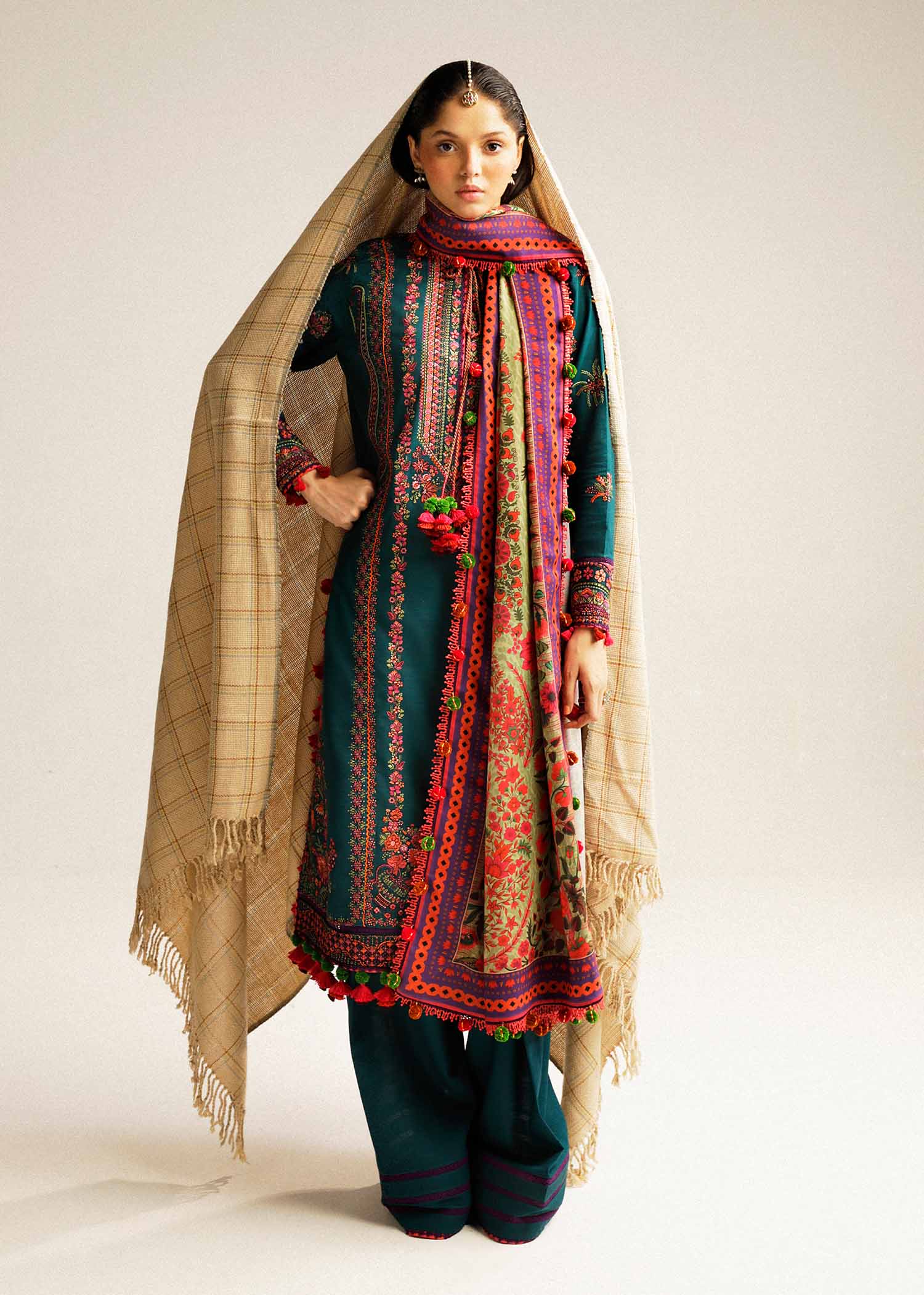 HUSSAIN REHAR LUXURY UNSTITCHED DHANAK EMBROIDERED 3PC WITH DHANAK MARINA READY TO WEAR SHAWL