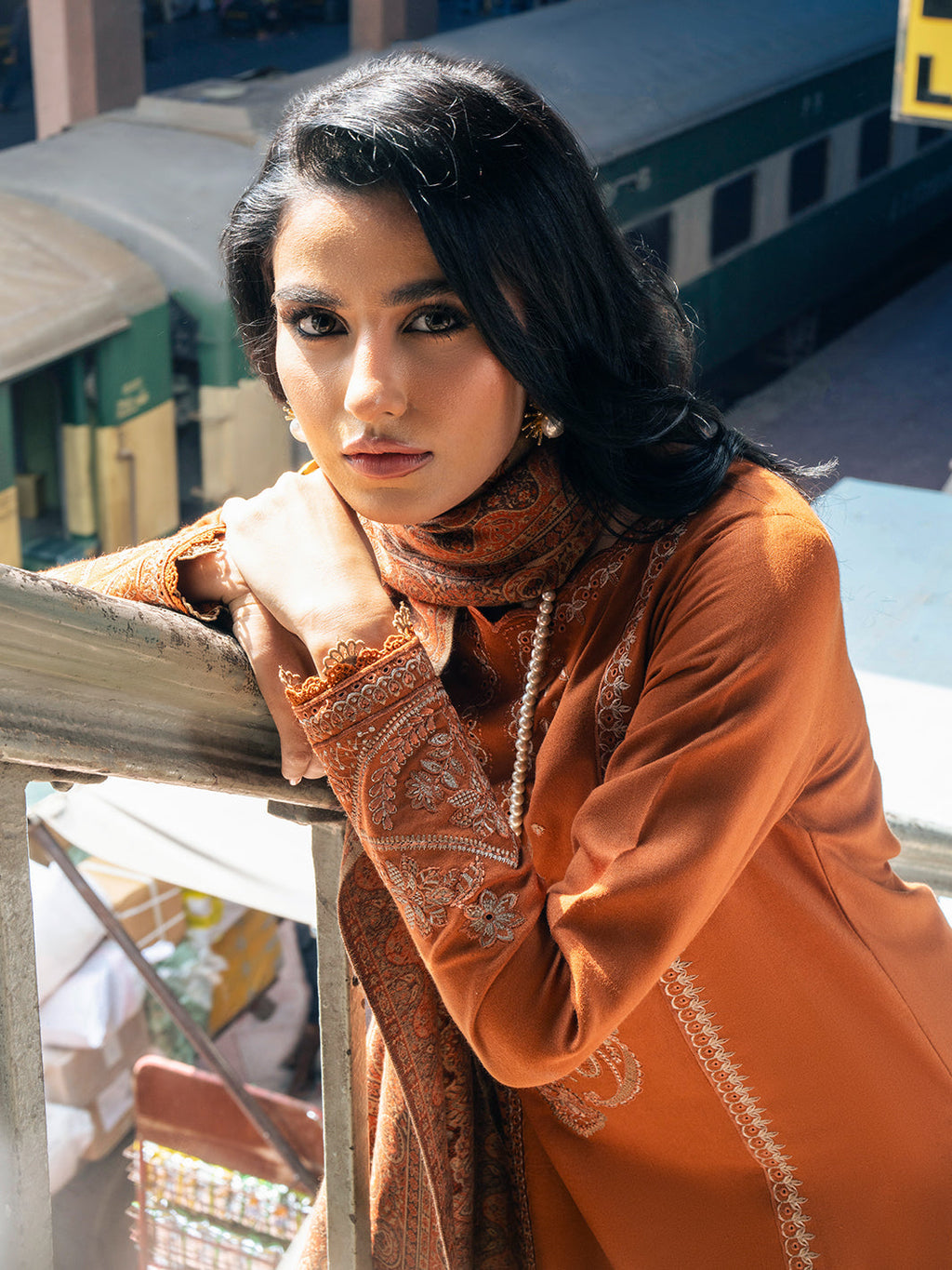 IZEL-3PC DHANAK EMBROIDERED SHIRT WITH COURTRAI PRINTED SHAWL AND TROUSER-WM-4146