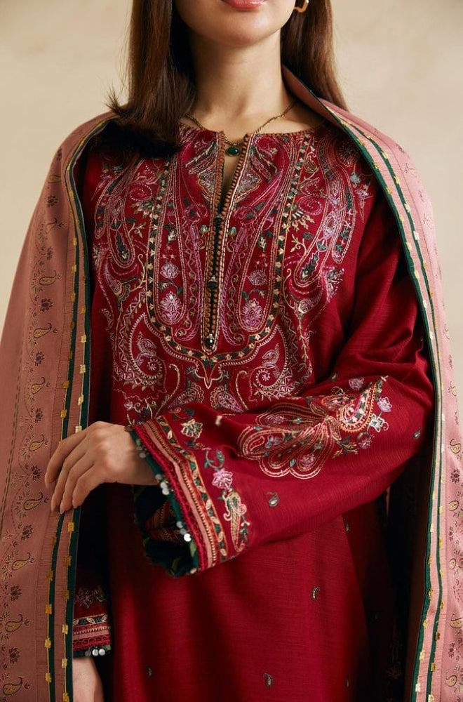 Zara Shah Jahan - 3PC Unstitched Dhanak Embroidered Shirt with Embroidered Back and Pashmina Printed Shawl
