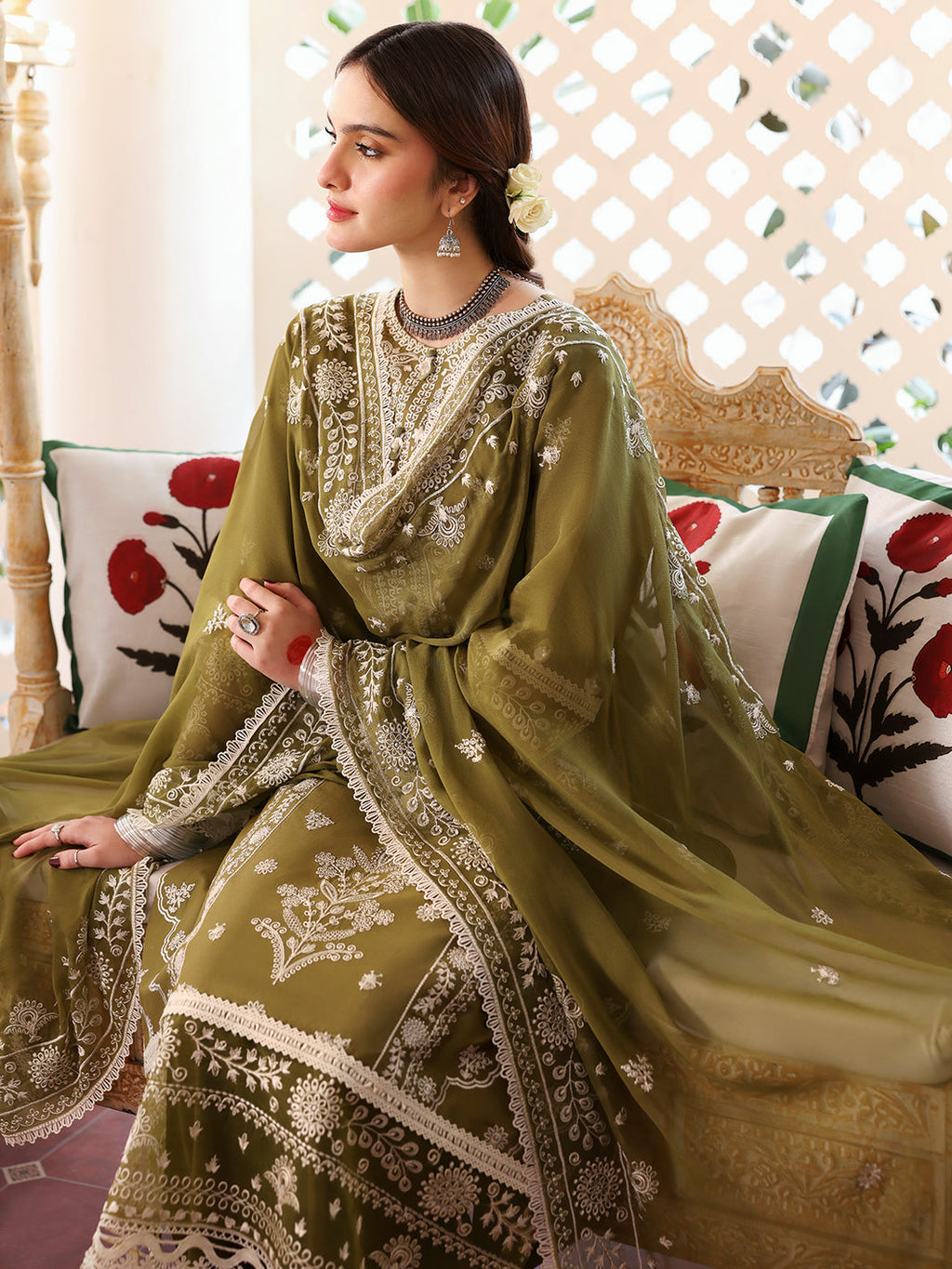 MAHNUR-3PC DHANAK EMBROIDERED SHIRT WITH DHANAK EMBROIDERED SHAWL & TROUSER-BIC-4033