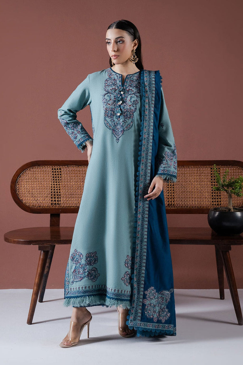 ASIM JOFA-3PC DHANAK EMBROIDERED SHIRT WITH DHANAK EMBROIDERED SHAWL & TROUSER-BIC-4217
