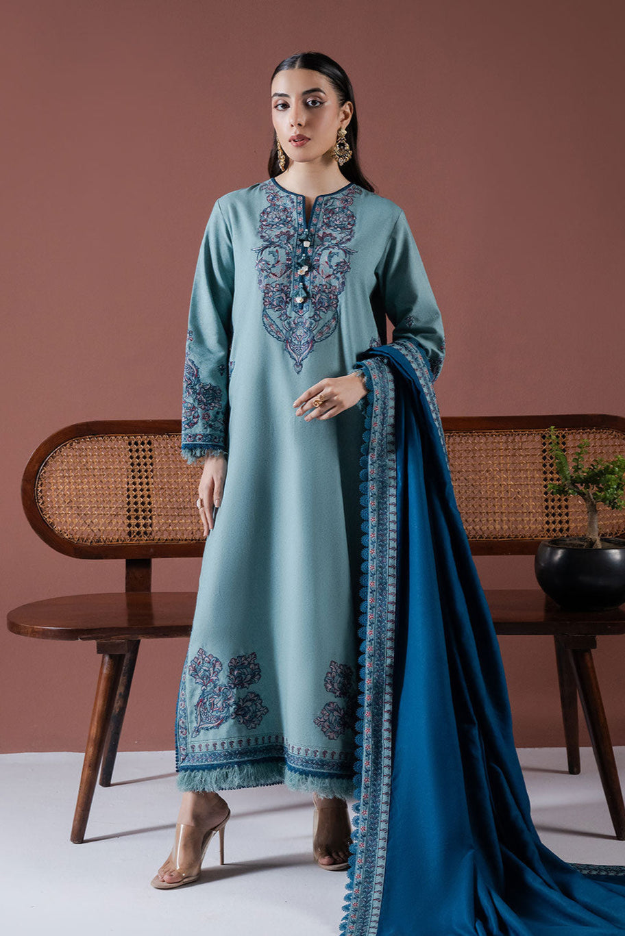 ASIM JOFA-3PC DHANAK EMBROIDERED SHIRT WITH DHANAK EMBROIDERED SHAWL & TROUSER-BIC-4217