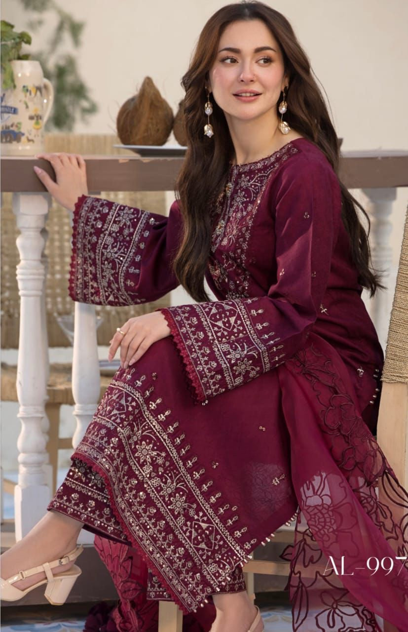 ALLEY'S UNSTITCHED DHANAK EMBROIDERED 3PC WITH SHAWL
