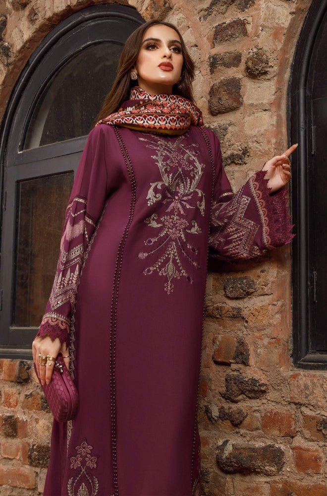 Maria B - 3PC Unstitched Dhanak Embroidered Shirt with Printed Shawl and Trouser MR