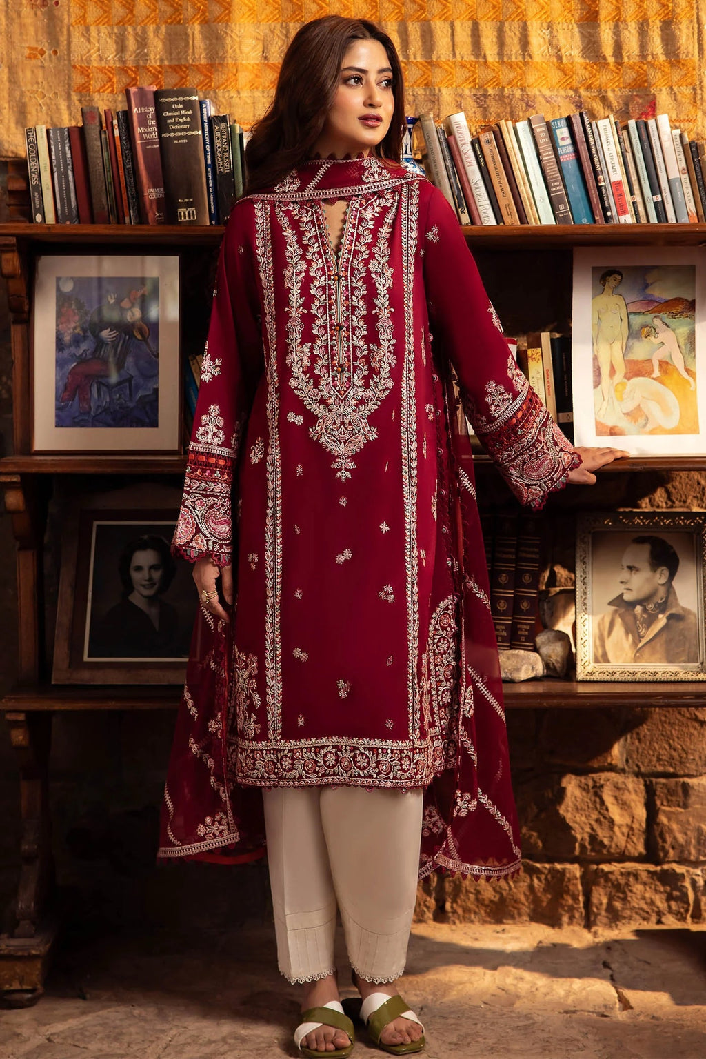 ZAHA- 3PC DHANAK EMBROIDERED SHIRT WITH BAMBER CHIFFON EMBROIDRED DUPATTA-WM-4067