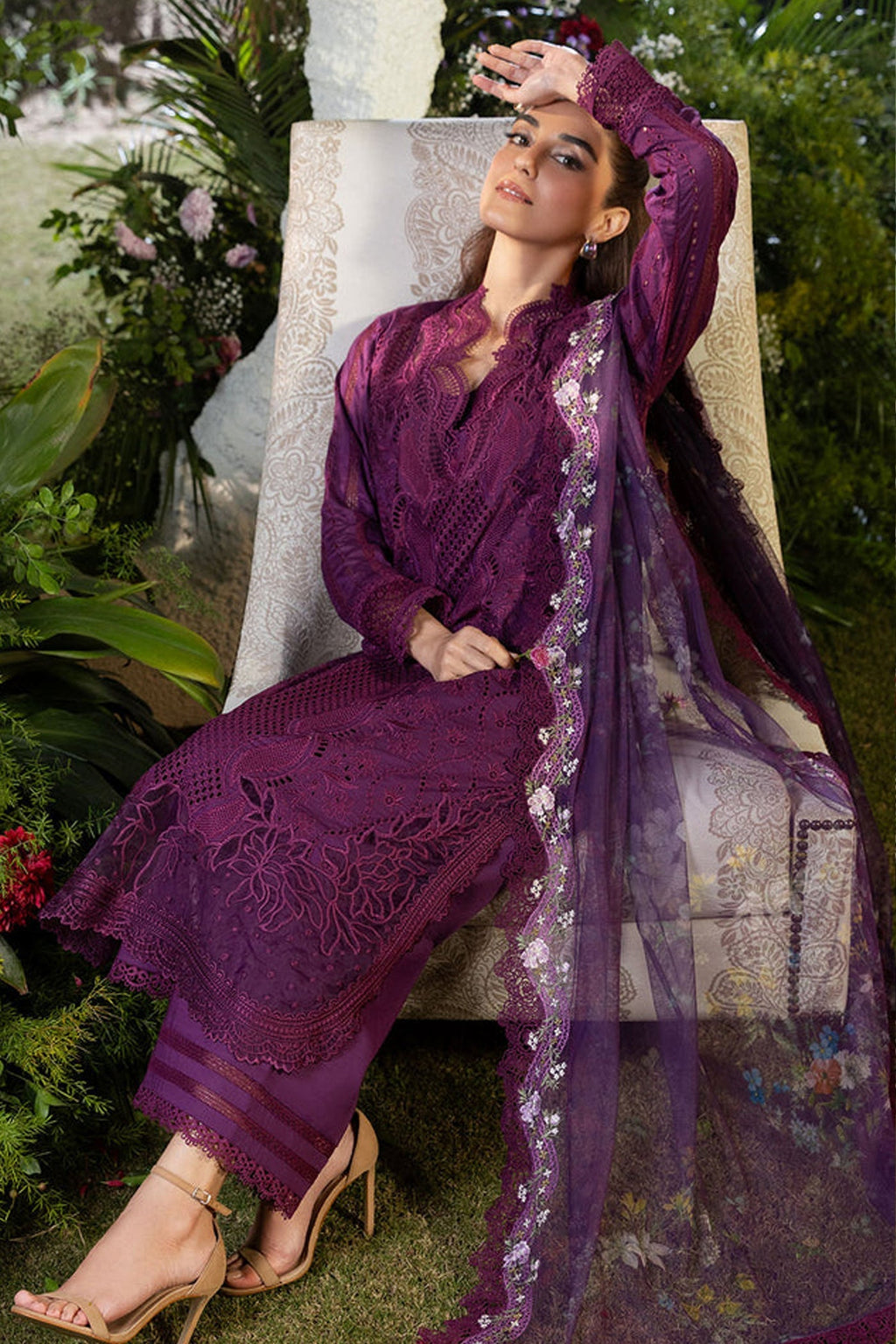 SOBIA NAZIR-3PC DHANAK CHIKAN EMBROIDERED SHIRT WITH COURTRAI PRINTED SHAWL AND TROUSER WM-4097