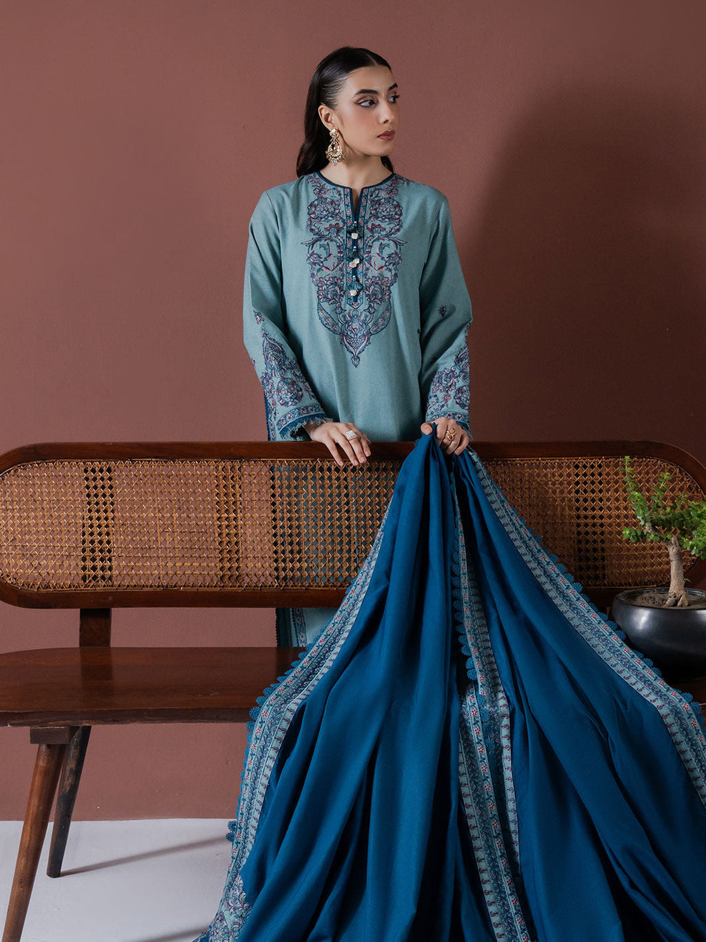 ASIM JOFA-3PC DHANAK EMBROIDERED SHIRT WITH DHANAK EMBROIDERED SHAWL & TROUSER-BIC-4217