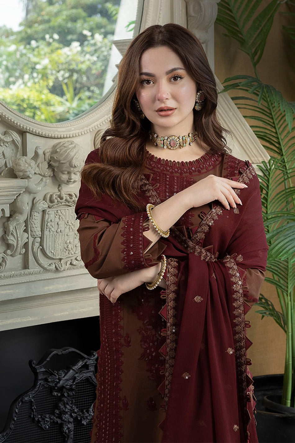 ASIM JOFA-3PC DHANAK EMBROIDERED SHIRT WITH DHANAK EMBROIDERED DUPATTA AND TROUSER-WM-3647