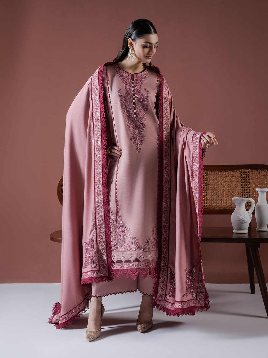 ASIM JOFA-3PC DHANAK EMBROIDERED SHIRT WITH DHANAK EMBROIDERED SHAWL & TROUSER-BIC-4217