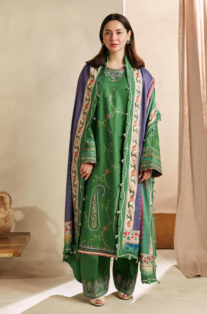 ZARA SHAH JAHAN - 3PC DHANAK EMBROIDERED SHIRT WITH PRINTED SHAWL AND TROUSER