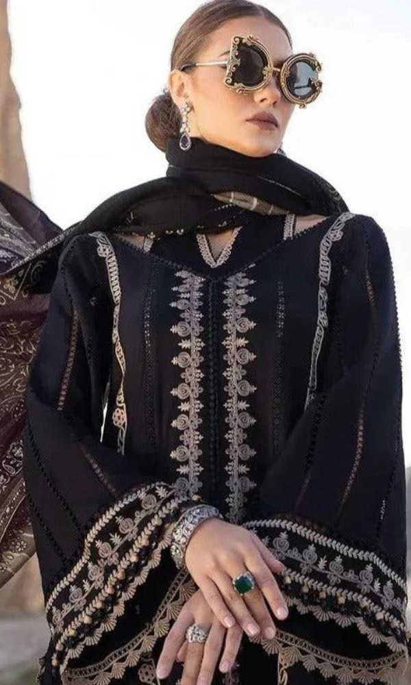 Maria B - 3PC Unstitched Dhanak Embroidered Shirt with Printed Pashmina Wool Shawl and Trouser