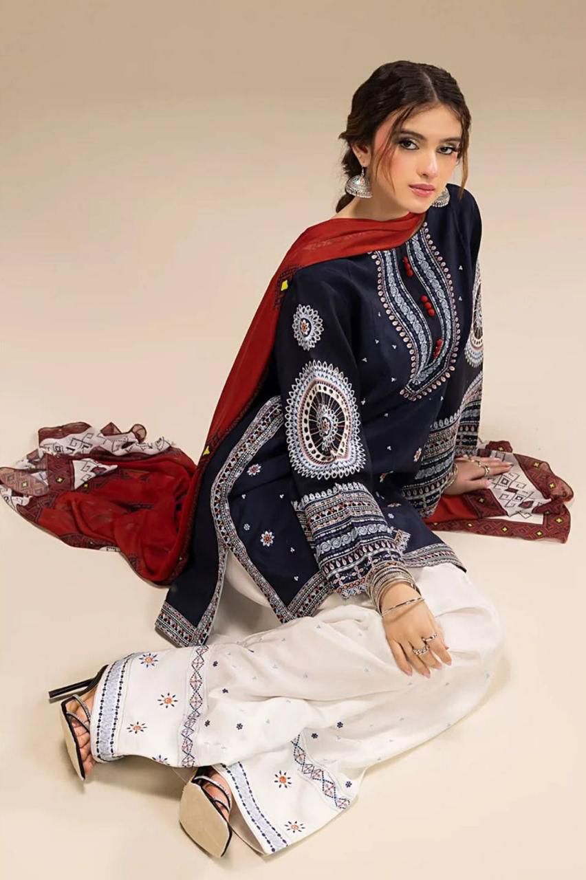 BAROQUE UNSTITCHED 3PC DHANAK EMBROIDERED WITH DIGITAL PRINT SHAWL