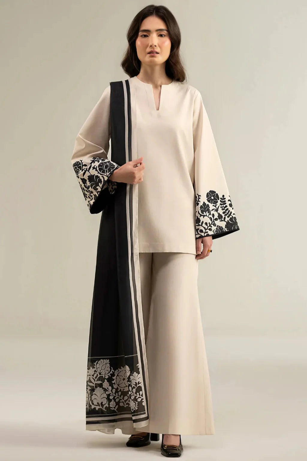 SAPPHIRE-3PC DHANAK SHIRT WITH DHANAK EMBROIDERED SLEEVES & PRINTED SHAWL-BIC-4068